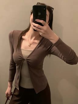 ENEN Áo Thun Nữ Tay Dài Layer 2 Lớp Vặn Xoắn, Form Ôm Tôn Dáng Thon Gọn Phong Cách Hàn Quốc 11117 3