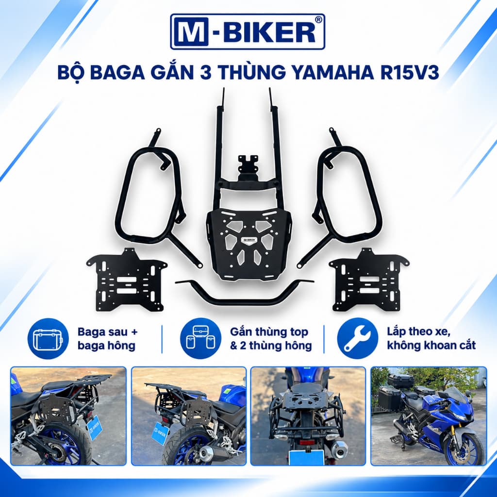 Bộ Baga Gắn 3 Thùng Yamaha R15V3 M-Biker, Baga Sau Và Baga Hông Lắp Theo Xe