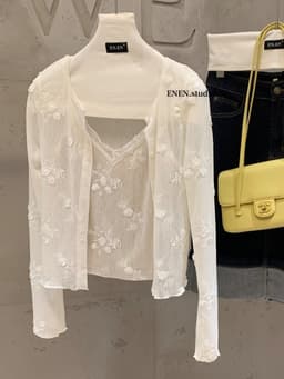 ENEN Set Áo Cardigan + Áo Hai Dây Thiết Kế Hoa Văn Chất Thun Ren Phong Cách  Vintage Nữ Tính 11156 3