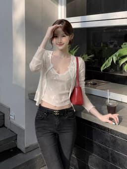 ENEN Set Áo Cardigan + Áo Hai Dây Thiết Kế Hoa Văn Chất Thun Ren Phong Cách  Vintage Nữ Tính 11156 10