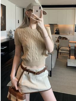 ENEN Áo Len Thừng Nữ Tay Ngắn Cổ Tròn Thêu Ngựa, Dáng Ôm Basic Trẻ Trung 11250 9