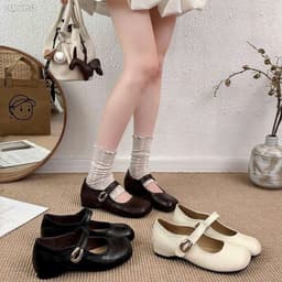 Giày Búp Bê Nữ Nâng Đế 3cm Quai Ngang Khóa Kim Loại, Da Tổng Hợp Mềm, Phong Cách Hàn Quốc Size 35-39 3