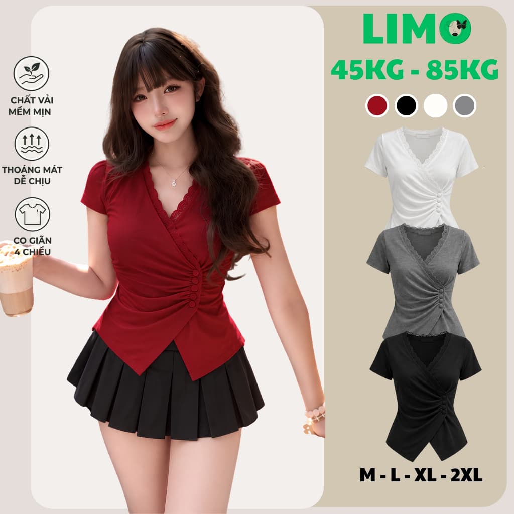 Áo Thun Nữ Tay Ngắn Cổ V Viền Ren Vạt Xéo Phối Cúc Dáng Ôm Tôn Dáng Nữ Tính LIMO MS688