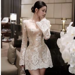 𝗝𝗘𝗡𝗡𝗬𝗖𝗟𝗢𝗦𝗘𝗧 ® Đầm nữ dài tay ren hoa 3D cổ U đan lưng dáng chữ A , Váy dự tiệc dáng ngắn sang chảnh -V24 1