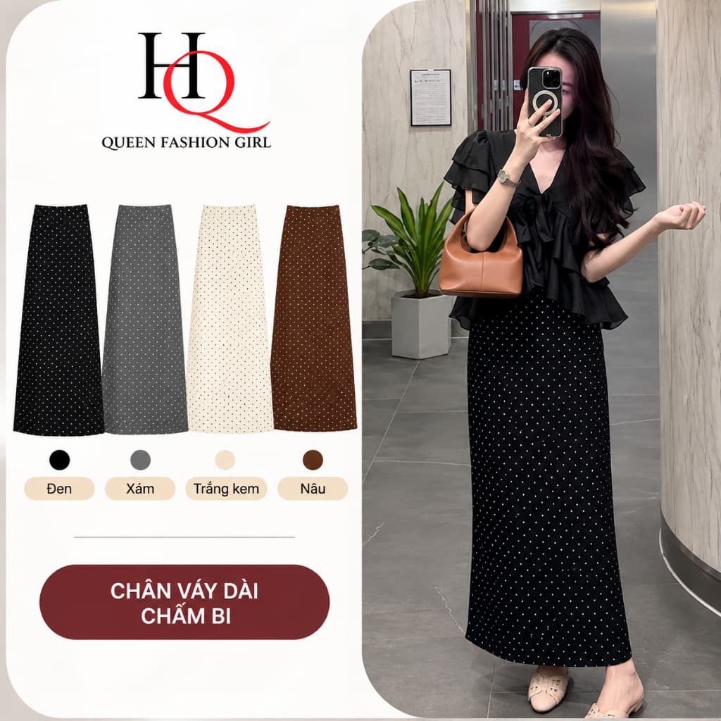 Chân Váy Dài Chấm Bi Nữ Dáng Suông Cạp Cao Tôn Dáng Váy Maxi Thanh Lịch Đi Làm Đi Chơi HQ85 | HQ Fashion