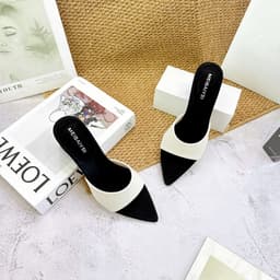 Guốc Nữ Mũi Nhọn Phối Màu Đen Kem, Guốc Cao Gót Hở Gót Thanh Lịch 3