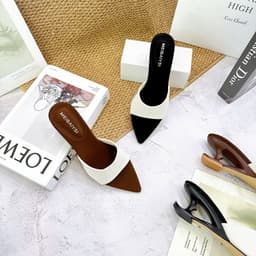 Guốc Nữ Mũi Nhọn Phối Màu Đen Kem, Guốc Cao Gót Hở Gót Thanh Lịch 7