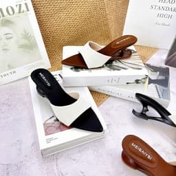 Guốc Nữ Mũi Nhọn Phối Màu Đen Kem, Guốc Cao Gót Hở Gót Thanh Lịch 8