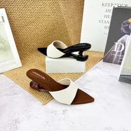 Guốc Nữ Mũi Nhọn Phối Màu Đen Kem, Guốc Cao Gót Hở Gót Thanh Lịch 9