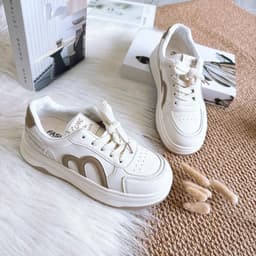 Giày Bata Nữ Đế Độn Phối Màu Kem Nâu, Sneaker Nữ Da Tổng Hợp Buộc Dây 2