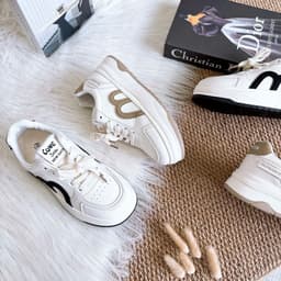 Giày Bata Nữ Đế Độn Phối Màu Kem Nâu, Sneaker Nữ Da Tổng Hợp Buộc Dây 5