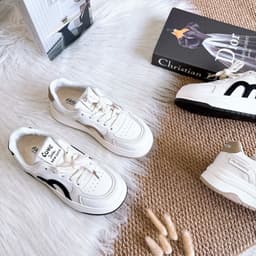 Giày Bata Nữ Đế Độn Phối Màu Kem Nâu, Sneaker Nữ Da Tổng Hợp Buộc Dây 7