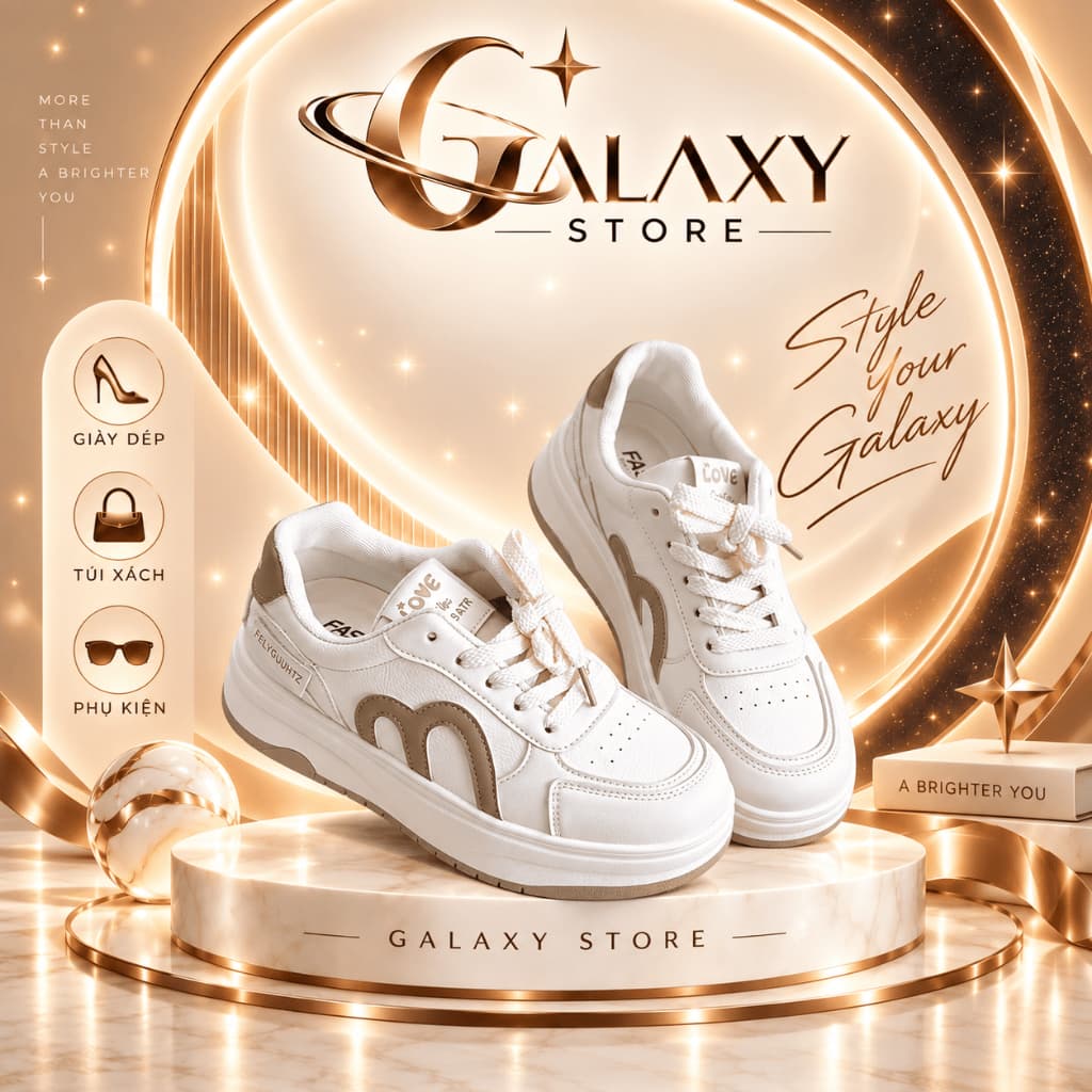 Giày Bata Nữ Đế Độn Phối Màu Kem Nâu, Sneaker Nữ Da Tổng Hợp Buộc Dây