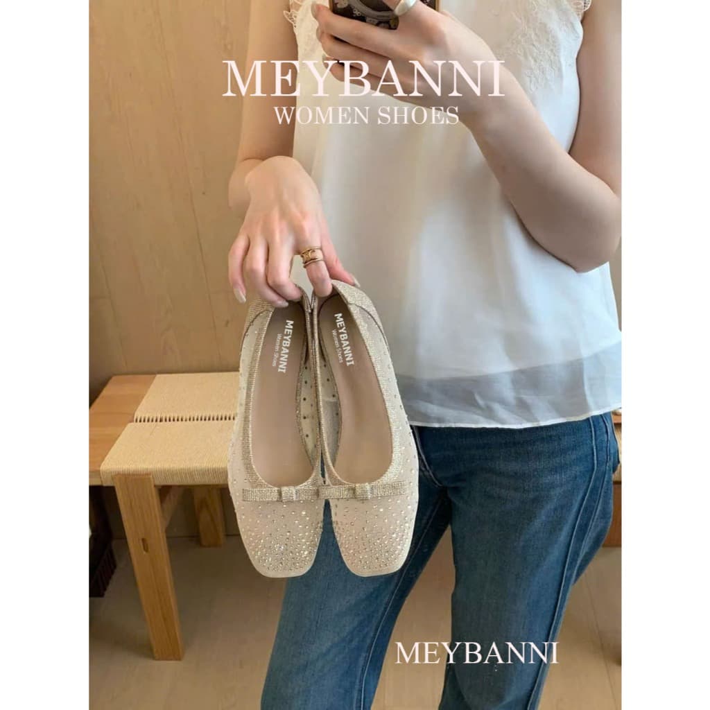 [Chân Gầy - Lùi 1 Size] Giày Búp Bê MEYBANNI Mũi Vuông Độn Đế 3cm Lưới Mềm Đính Hạt Đá Siêu Xinh - C108