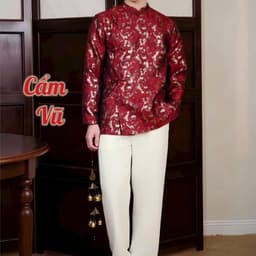 Áo dài Nam Cẩm Vũ dáng ngắn 2 màu đỏ - xanh rêu - chất liệu gấm dệt ánh kim cứng cáp vừa phải - nam tính 9