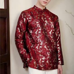 Áo dài Nam Cẩm Vũ dáng ngắn 2 màu đỏ - xanh rêu - chất liệu gấm dệt ánh kim cứng cáp vừa phải - nam tính 8