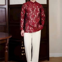 Áo dài Nam Cẩm Vũ dáng ngắn 2 màu đỏ - xanh rêu - chất liệu gấm dệt ánh kim cứng cáp vừa phải - nam tính 7