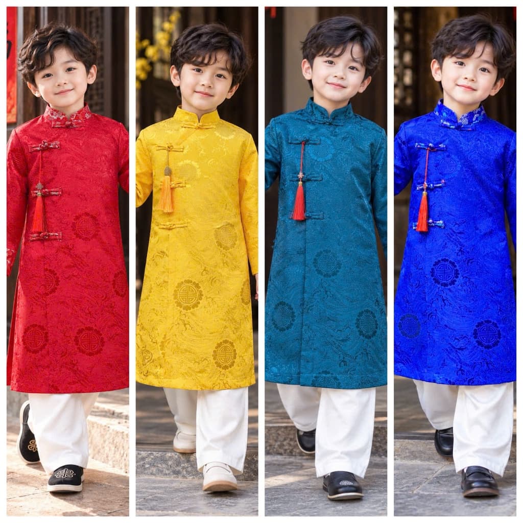 Áo dài bé trai Trung Thu Lễ Tết - Họa tiết chữ Phúc Thọ - bế mặt vải bắt sáng sang trọng - chất liệu Gấm dệt cao cấp