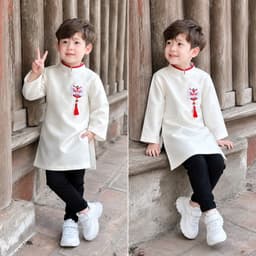 Áo dài bé trai hình Lân 2 màu trắng và vàng - chất liệu tafta Pháp cao cấp - thích hợp mặc Trung Thu Lễ Tết 9