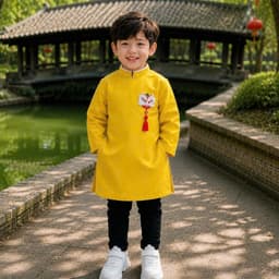 Áo dài bé trai hình Lân 2 màu trắng và vàng - chất liệu tafta Pháp cao cấp - thích hợp mặc Trung Thu Lễ Tết 7