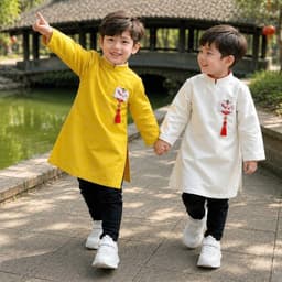 Áo dài bé trai hình Lân 2 màu trắng và vàng - chất liệu tafta Pháp cao cấp - thích hợp mặc Trung Thu Lễ Tết 8