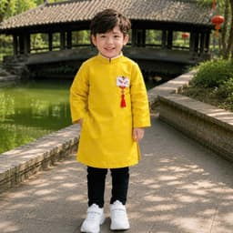 Áo dài bé trai hình Lân 2 màu trắng và vàng - chất liệu tafta Pháp cao cấp - thích hợp mặc Trung Thu Lễ Tết 4