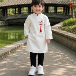 Áo dài bé trai hình Lân 2 màu trắng và vàng - chất liệu tafta Pháp cao cấp - thích hợp mặc Trung Thu Lễ Tết 6