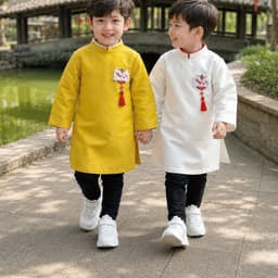 Áo dài bé trai hình Lân 2 màu trắng và vàng - chất liệu tafta Pháp cao cấp - thích hợp mặc Trung Thu Lễ Tết 1