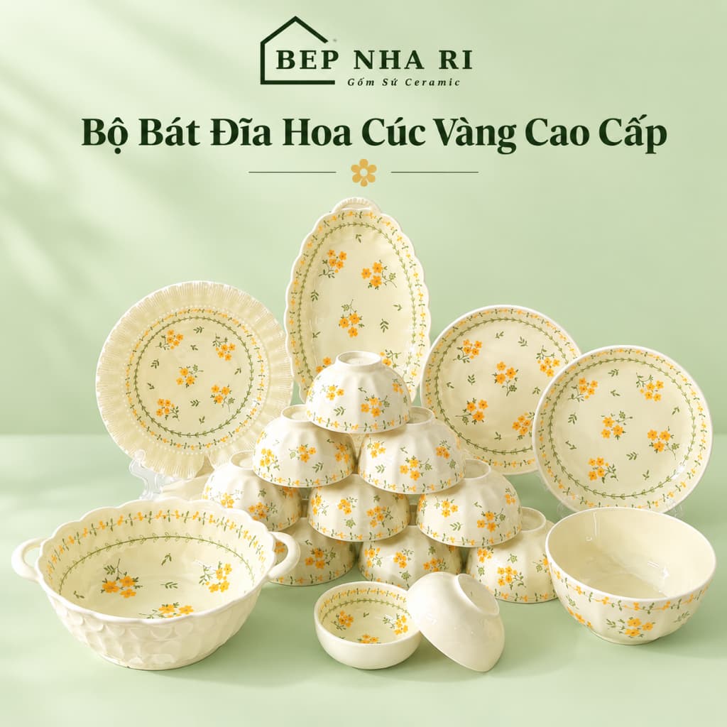 Bộ Bát Đĩa Gốm Sứ Họa Tiết Hoa Cúc Vàng CAO CẤP Dùng Cho Bữa Ăn Gia Đình, Quà Tặng Tân Gia Ý Nghĩa