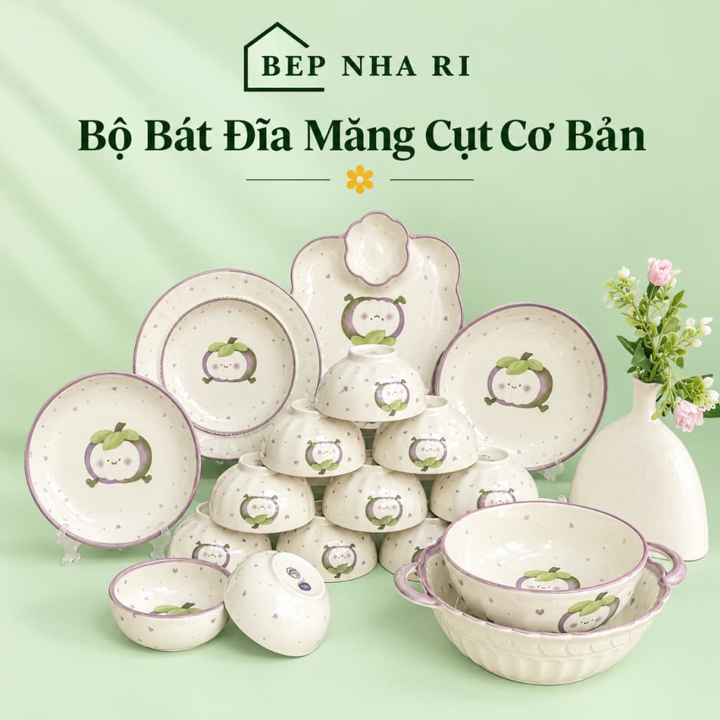 [ BepNhaRi ] Bộ Bát Đĩa Gốm Sứ Họa Tiết Măng Cụt CƠ BẢN - Gốm Sứ Cao Cấp Độc Đáo, Sang Trọng Cho Bàn Ăn Gia Đình