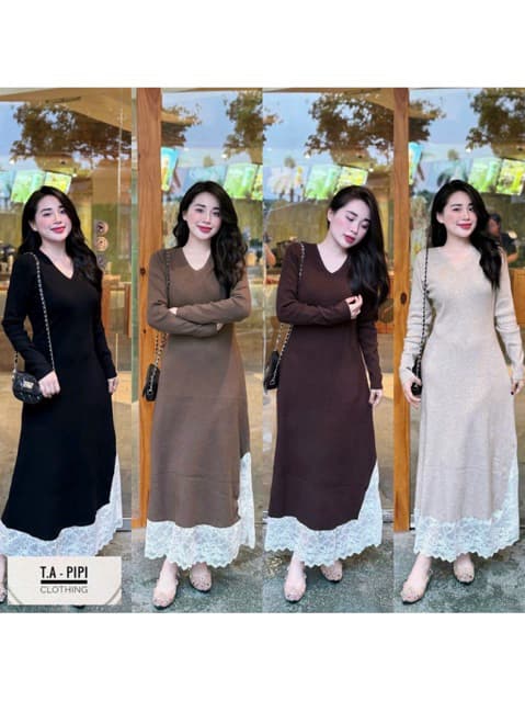 <Đầm Bầu Quynhanhhoue> (QC) Váy len cổ tim pha chân ren freesize