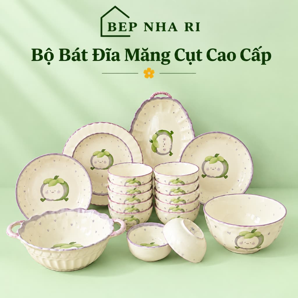 Bộ Bát Đĩa Gốm Sứ Họa Tiết Măng Cụt CAO CẤP Dùng Cho Bữa Ăn Gia Đình, Quà Tặng Tân Gia Ý Nghĩa