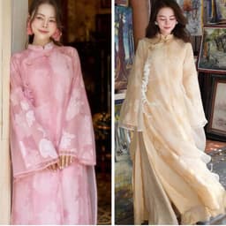 Áo dài Mạc Vũ 2 màu hồng kem nhẹ nhàng - bay bổng - xẻ tà lạ mắt - chất liệu gấm tơ cao cấp - mẫu mới nhất 2027 1
