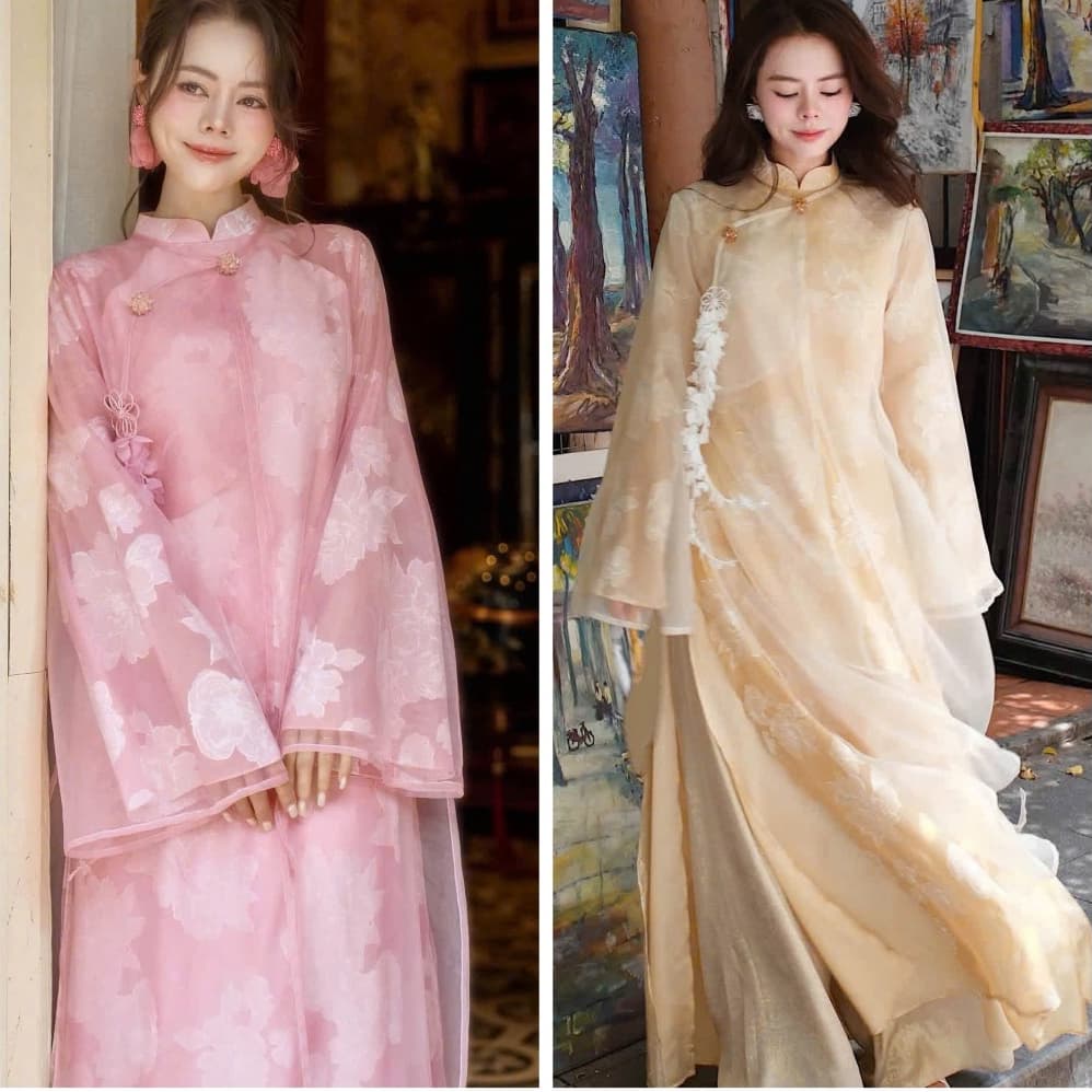 Áo dài Mạc Vũ 2 màu hồng kem nhẹ nhàng - bay bổng - xẻ tà lạ mắt - chất liệu gấm tơ cao cấp - mẫu mới nhất 2027