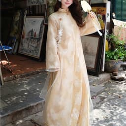 Áo dài Mạc Vũ 2 màu hồng kem nhẹ nhàng - bay bổng - xẻ tà lạ mắt - chất liệu gấm tơ cao cấp - mẫu mới nhất 2027 8