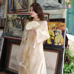 Áo dài Mạc Vũ 2 màu hồng kem nhẹ nhàng - bay bổng - xẻ tà lạ mắt - chất liệu gấm tơ cao cấp - mẫu mới nhất 2027 7