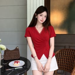 Áo Thun Nữ Bigsize Cổ V Viền Ren Vạt Xéo Nhún Eo, Cài Nút Thun Gân Tăm Co Giãn Ôm Dáng ESHOP MS668 6