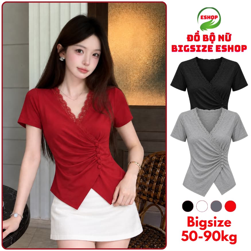 Áo Thun Nữ Bigsize Cổ V Viền Ren Vạt Xéo Nhún Eo, Cài Nút Thun Gân Tăm Co Giãn Ôm Dáng ESHOP MS668