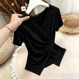 Áo Thun Nữ Bigsize Cổ V Viền Ren Vạt Xéo Nhún Eo, Cài Nút Thun Gân Tăm Co Giãn Ôm Dáng ESHOP MS668 8