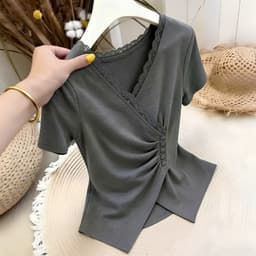 Áo Thun Nữ Bigsize Cổ V Viền Ren Vạt Xéo Nhún Eo, Cài Nút Thun Gân Tăm Co Giãn Ôm Dáng ESHOP MS668 9