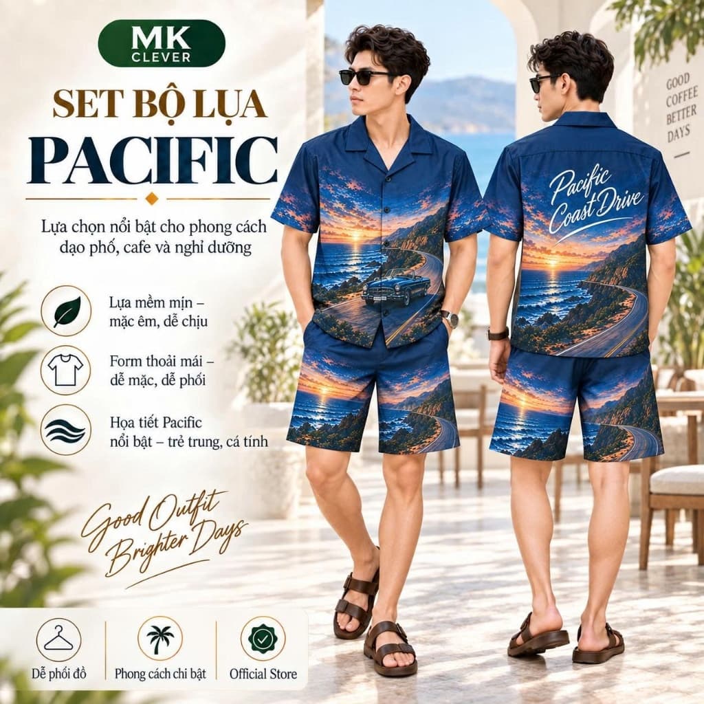 Set Bộ lụa Nam Pacific MKCLEVER chất lụa mịn mát, thoáng mát, co giãn, form dáng thoải mái, trẻ trung