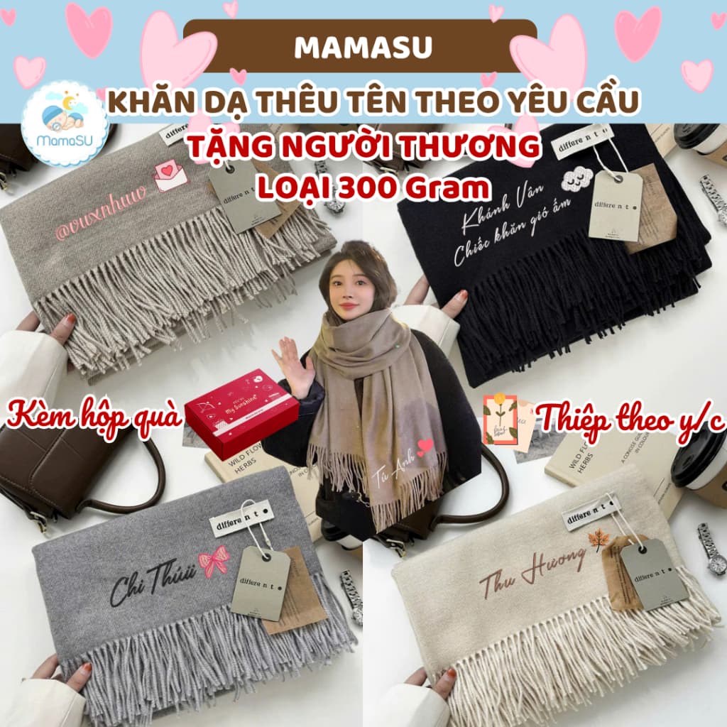 (THÊU TÊN) Khăn Len Dạ Cao Cấp Thêu Tên Theo Yêu Cầu Khăn Choàng Cổ Quà Tặng Bạn Trai Bạn Gái Valentine 65*200cm