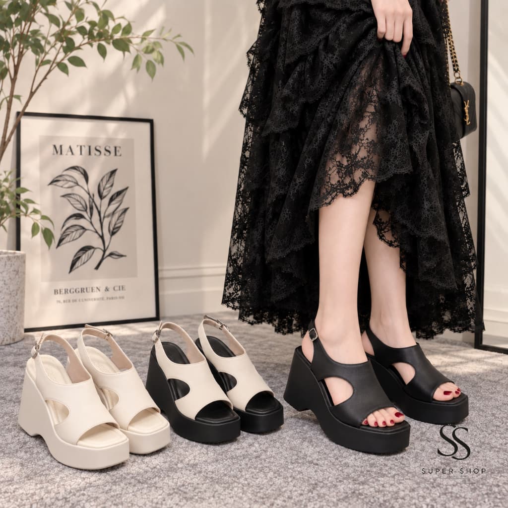 Dép Đế Xuồng Nữ Cao 8cm Đế PU Siêu Nhẹ, Sandal Cao Gót Quai Ôm Chân Tôn Dáng Đi Làm Đi Chơi