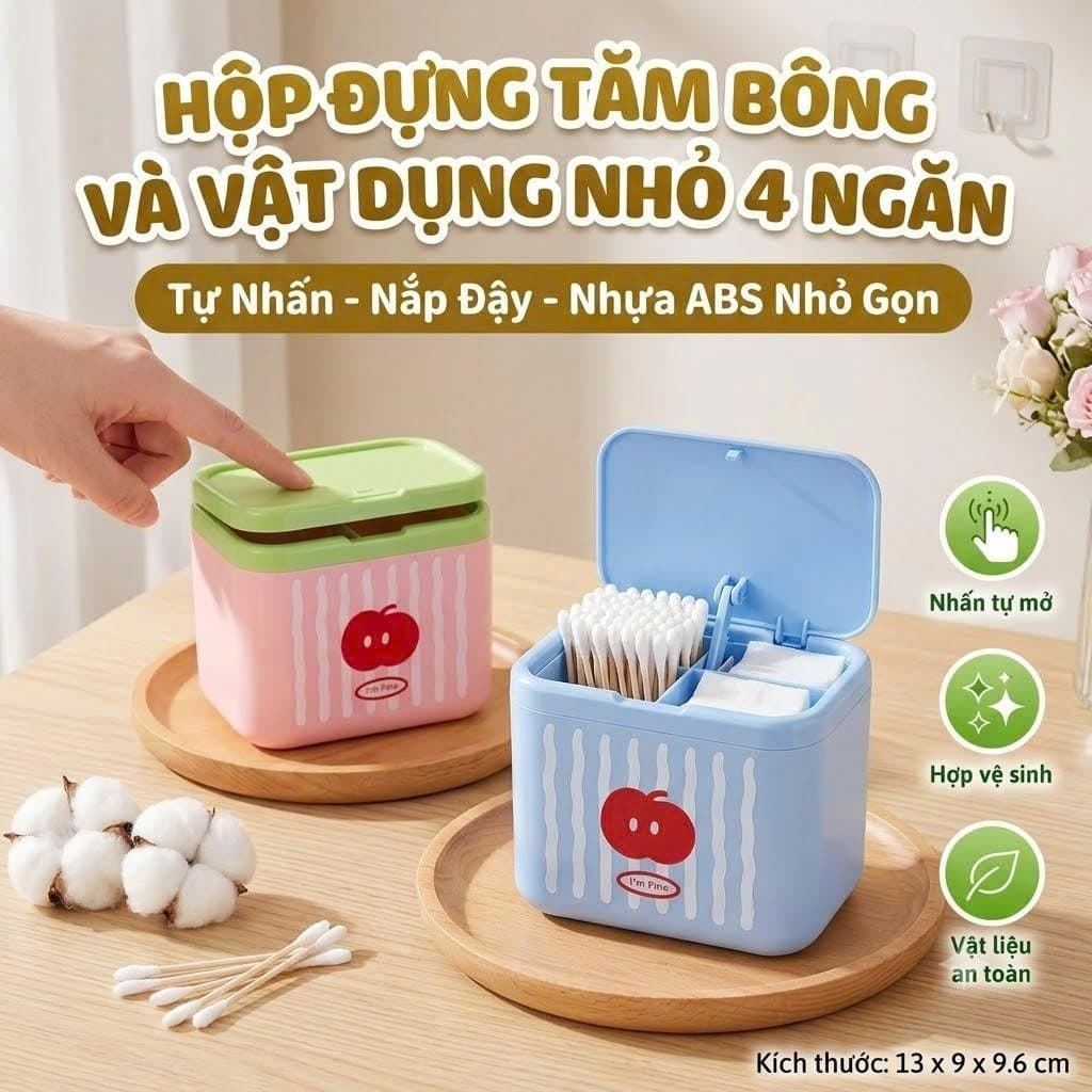 Hộp Đựng Tăm Bông Quả Táo Cute – Nắp Bật Tự Động Nhấn Nhè NhẹHộp Đựng Tăm Bông Trái Táo Pastel – Thiết Kế Nắp Bật