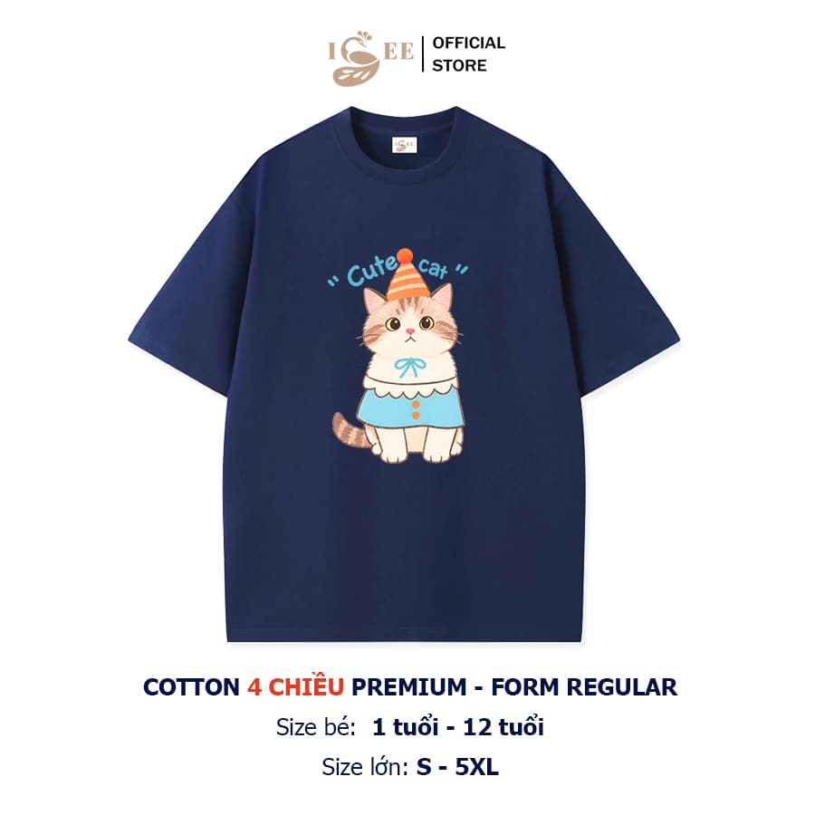 (Có áo người lớn) Áo phông bé trai, bé gái CUTE CAT cotton 4c, áo thun cho bé form rộng, áo trẻ em nam mùa hè  ISEE VN
