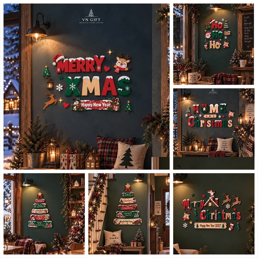 Set tranh gỗ dán tường chủ đề Giáng sinh, trang trí nhà cửa, văn phòng, homestay...