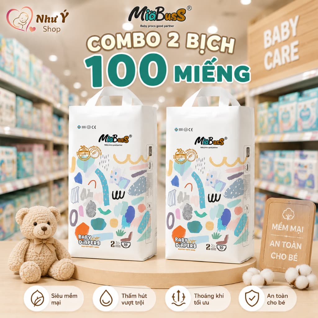 100 Miếng Bỉm Quần Miobuss cho bé, đủ size số 0 đến 5, từ 6-25kg, form bo mông, thấm hút, chống tràn hiệu quả