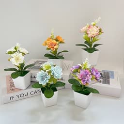 Chậu hoa trà giả mini 3 bông kèm chậu cao 14cm để bàn kệ sách decor nhỏ xinh 1