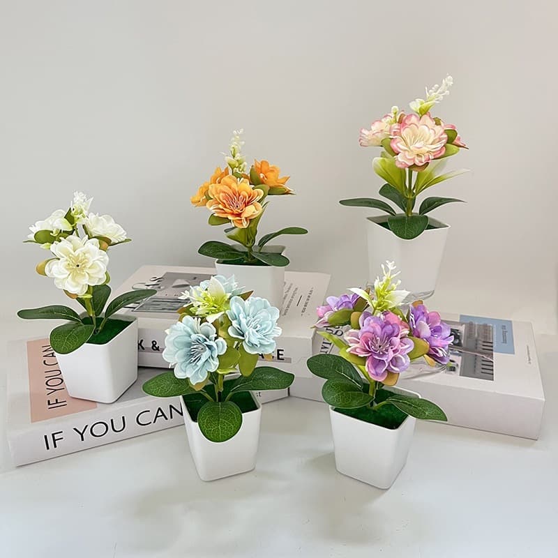 Chậu hoa trà giả mini 3 bông kèm chậu cao 14cm để bàn kệ sách decor nhỏ xinh