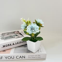 Chậu hoa trà giả mini 3 bông kèm chậu cao 14cm để bàn kệ sách decor nhỏ xinh 6